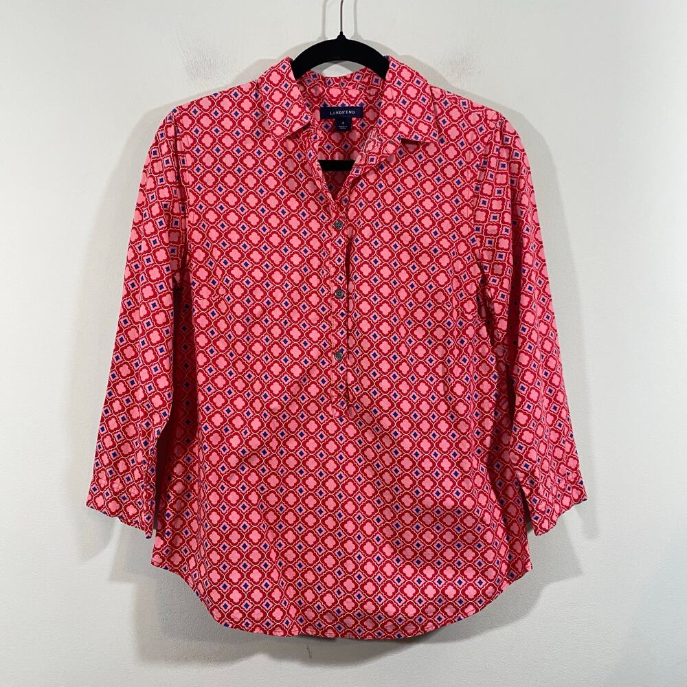 Lands' End Women Red & Pink Graphics Quarter Sleeve Poplin Top Size 4